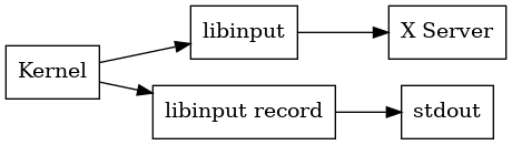 digraph stack
{
  compound=true;
  rankdir="LR";
  node [
    shape="box";
  ]

  kernel [label="Kernel"];

  libinput;
  xserver [label="X Server"];
  record [label="libinput record"];

  kernel -> libinput
  libinput -> xserver

  kernel -> record;
  record -> stdout
}