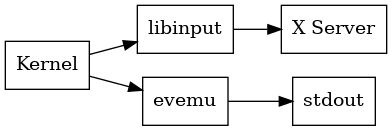 digraph stack
{
  compound=true;
  rankdir="LR";
  node [
    shape="box";
  ]

  kernel [label="Kernel"];

  libinput;
  xserver [label="X Server"];

  kernel -> libinput
  libinput -> xserver

  kernel -> evemu
  evemu -> stdout
}