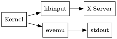 digraph stack
{
  compound=true;
  rankdir="LR";
  node [
    shape="box";
  ]

  kernel [label="Kernel"];

  libinput;
  xserver [label="X Server"];

  kernel -> libinput
  libinput -> xserver

  kernel -> evemu
  evemu -> stdout
}